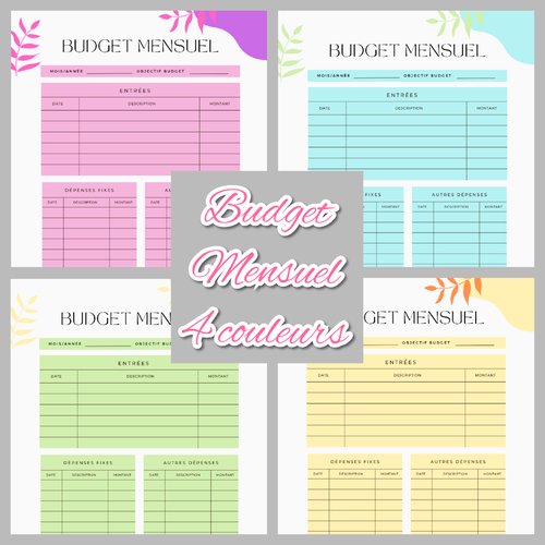 Feuille de budget mensuel 4 couleurs différentes 4 pages - fichier pdf téléchargeable