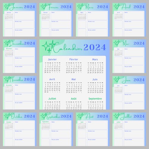 Calendrier annuel et mensuel 13 pages vert bleu - fichier pdf téléchargeable