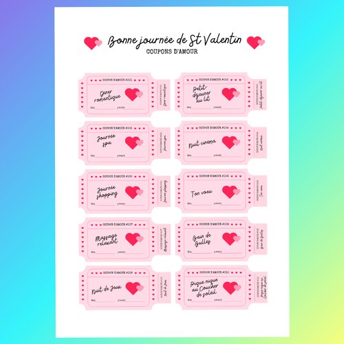 10 coupons d'amour - coeurs saint valentin - fichier pdf téléchargeable