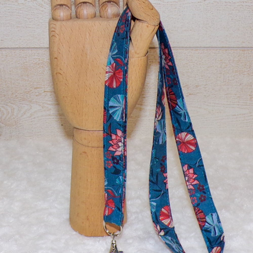 Tour de cou / porte-badge en coton bleu pétrole à fleurs de lotus
