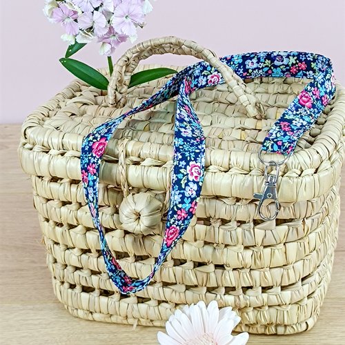 Tour de cou / porte-badge en coton noir à fleurs multicolores