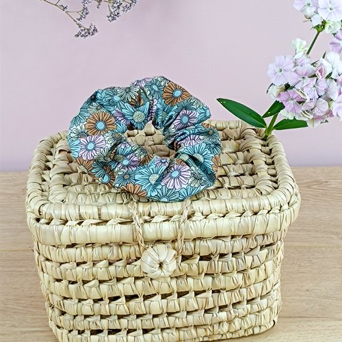 Chouchou cheveux en coton fleuri vert