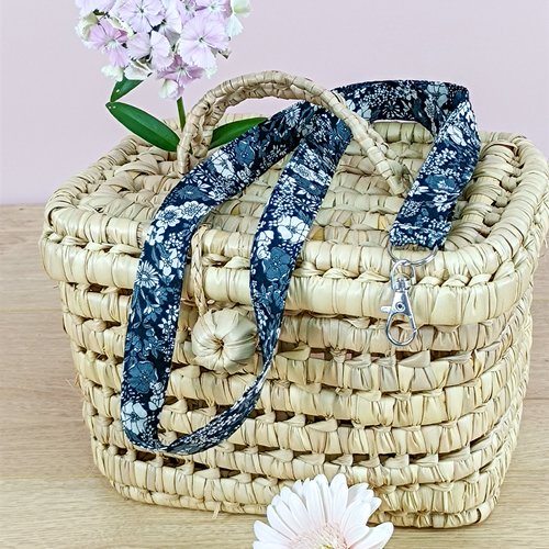 Tour de cou / porte-badge en coton fleuri noir et blanc