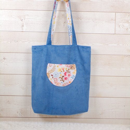 Tote-bag en velours côtelé bleu