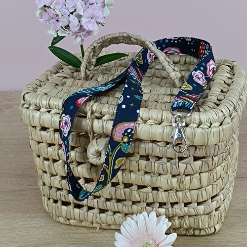 Tour de cou / porte-badge en coton bleu marine fleuri