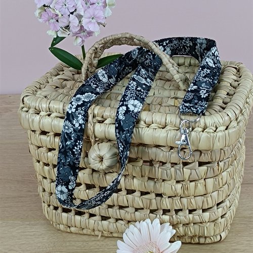 Tour de cou / porte-badge en coton fleuri noir et blanc