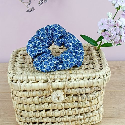 Chouchou cheveux en coton fleuri bleu