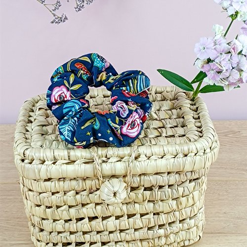 Chouchou cheveux en coton fleuri bleu marine