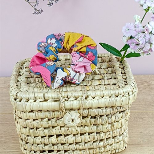 Chouchou cheveux en coton fleuri bleu