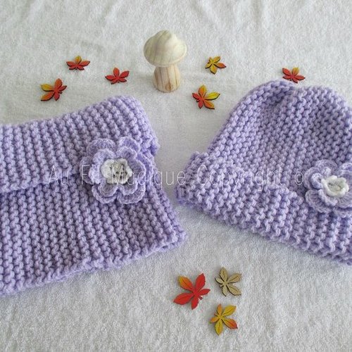 Bonnet/snood adulte taille unique tricot couleur parme