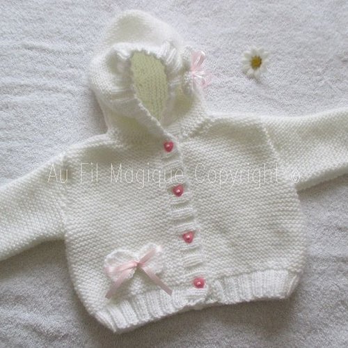 Manteau bébé tricot fait-main laine blanc taille 3 mois