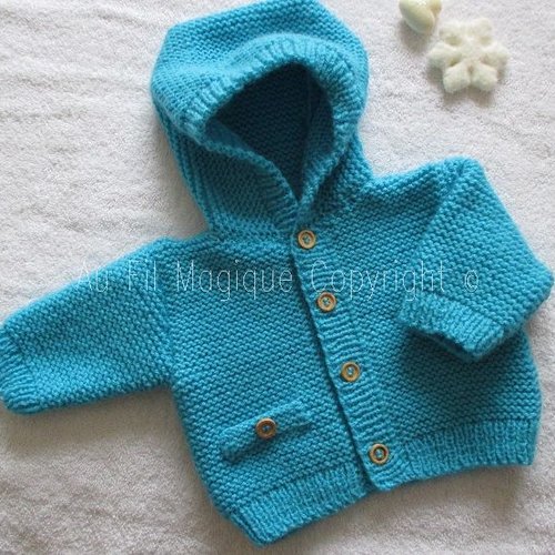Manteau bébé bleu tricot fait-main 3 mois couleur bleu "ara"