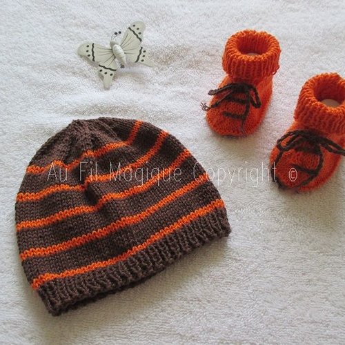 Bonnet chaussons bébé coton brun/orange tricot fait-main  taille 3 mois