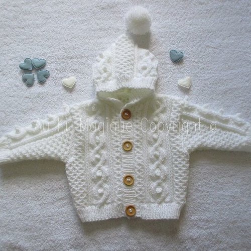 Manteau bébé irlandais 3 mois tricot laine blanc
