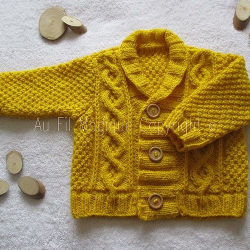 Veste bébé 9 mois tricot irlandais couleur moutarde