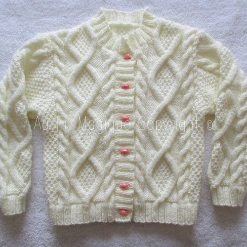Gilet fille  4 ans tricot irlandais laine couleur ecru