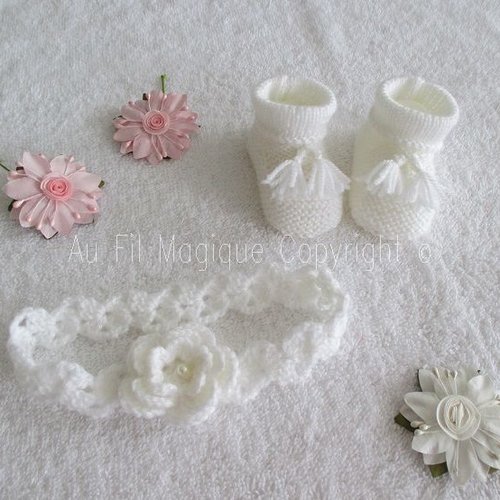 Chaussons et bandeau bébé 1 mois tricot couleur blanc