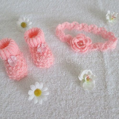 Chaussons et bandeau bébé taille naissance tricot couleur rose  pâle