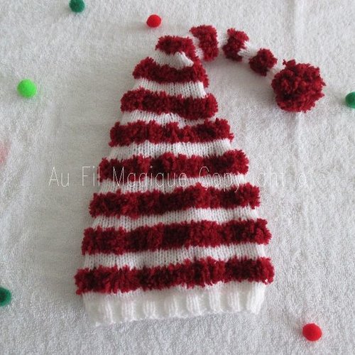 Bonnet lutin avec son petit pompon, 3/6 mois, laine couleur rouge grenat et blanc