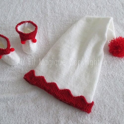 Bonnet et chaussons "lutins" bébé 6 mois tricot noël laine couleur blanc et rouge