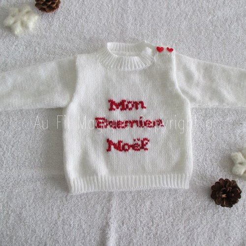 Pull bébé 6 mois tricot laine couleur blanc et rouge