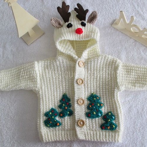 Manteau bébé " noel " 6 mois tricot laine couleur ecru