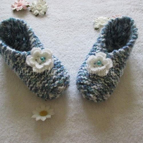 Chaussons femme tricot laine pointure 38 couleur chiné bleu/blanc/vert