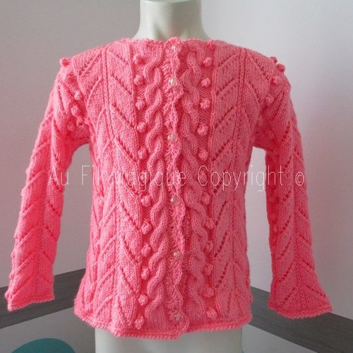 Gilet fille  4 ans tricot ajouré laine couleur rose corail