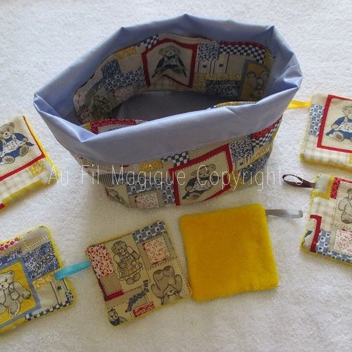 Panier tissu et 6 lingettes coton et eponge "nounours" couleur imprimé et jaune