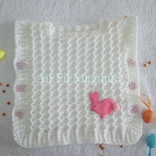 Poncho blanc "lapin" 2/3 ans fait-main, laine couleur blanc