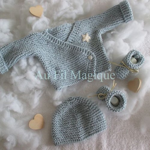 Coffret 3 pièces "brumes d'etoile" taille naissance à 3 mois, laine bambou couleur bleuté gris