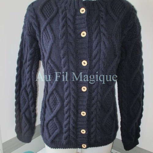 Veste irlandaise tricot fait-main taille 44 couleur marine