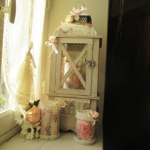 Lanterne bois ancienne " home bird rose " création - au grenier cosy -