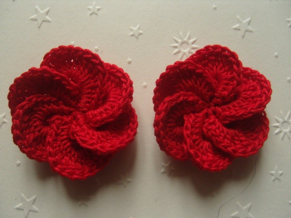 Fleur 6 pétales en coton rouge au crochet lot de 2, *164* - Un grand marché
