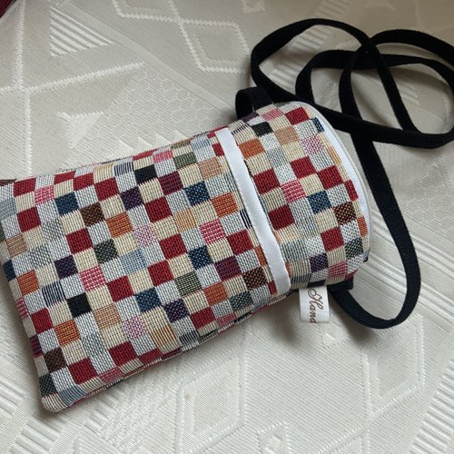Pochette pour i phone/tissu ameublement/style tapisserie gobelins/doublée velours/bandoulière/11x18cm
