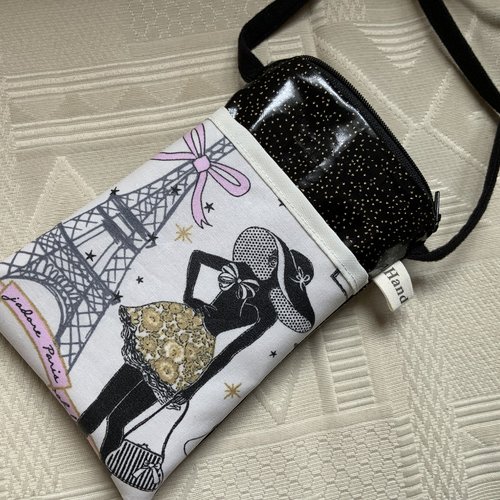 Pochette pour i phone/etui pour portable/coton enduit/sans phtalates/poche doublée devant/se ferme par zip /bandoulière/11x18cm