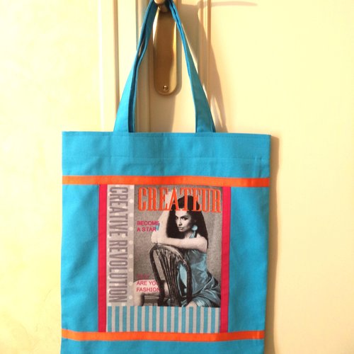 Tote-bag, sac shopping turquoise, sac multi-fonctions, avec motif appliqué, sac bibliothèque dame.