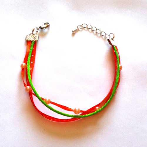 Bracelet  perles et de 3 galons assortis couleur vert anis et orange, bracelet femme.
