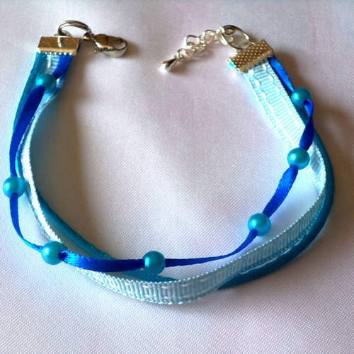 Bracelet dame, bracelet  perles  et galons assortis bleu,  turquoise .