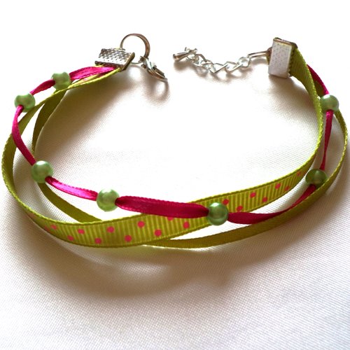 Bracelet perles et 3 galons assortis anis et rose , bracelet femme.