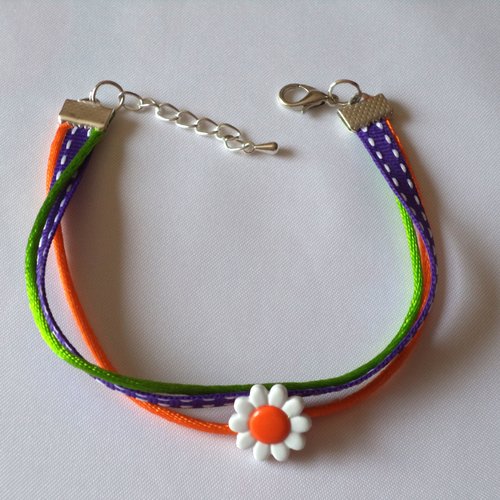Bracelet fleur et 3 galons assortis, violet, orange, anis, bracelet femme.