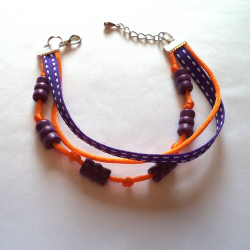 Bracelet  perles de bois et galons assortis  coloris orange et prune, bracelet femme.