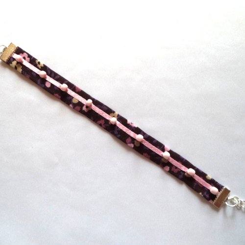 Bracelet perles et  tissu liberty coloris prune et rose , bracelet femme.