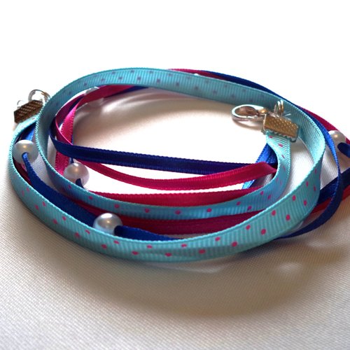 Collier ras le cou ou bracelet double tour , galons assortis fushia, turquoise, bleu, avec perles