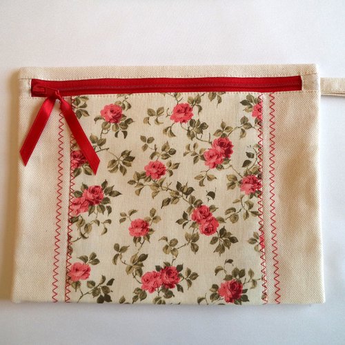 Pochette de rangement zippée, trousse de sac blanc-cassé et motif fleuri , toile coton, doublée.