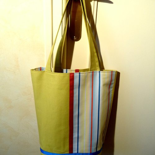 Sac- cabas en toile-coton jaune moutarde et tissu à rayures, sac bibliothèque, sac shopping, sac multifonctions.