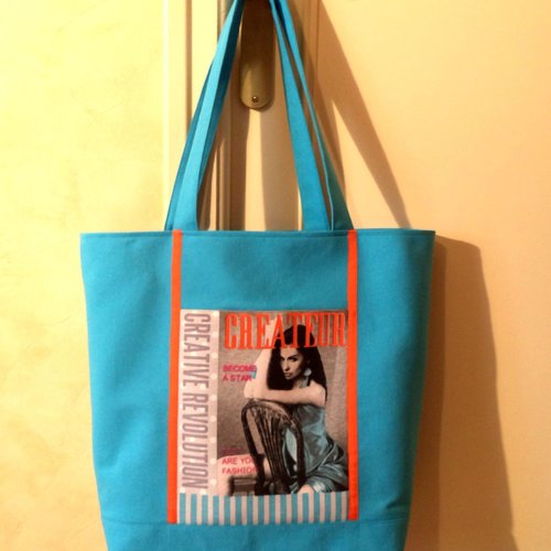 Sac- cabas en toile -coton turquoise, avec appliqué " créative ", sac multiples usages, sac pour les courses, le shopping.