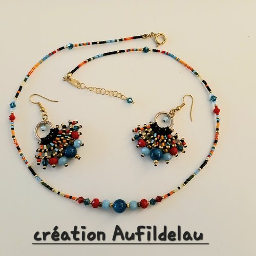 Collier et boucles d'oreilles tissés en perles, cristal, œil de chat et miyuki