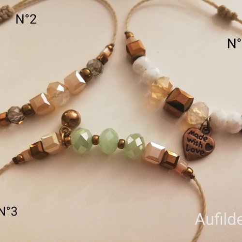 Bracelets en perles de cristal et perles miyuki. tons bronzes, vert pale, blancs nacrés . . fermoir coulissant ajustable
