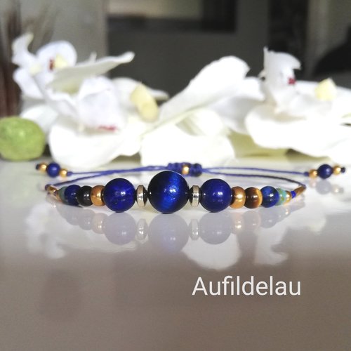 Bracelet en pierres lapis lazuli ,hématites dorées, œil de tigre marron et bleu
